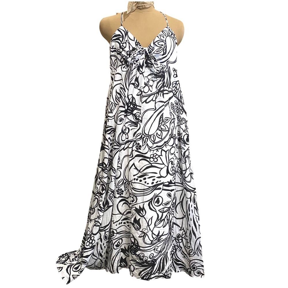 Zara Maxi Dress Boho Floral Abstract Print Women Tie Front XL White Black cotton